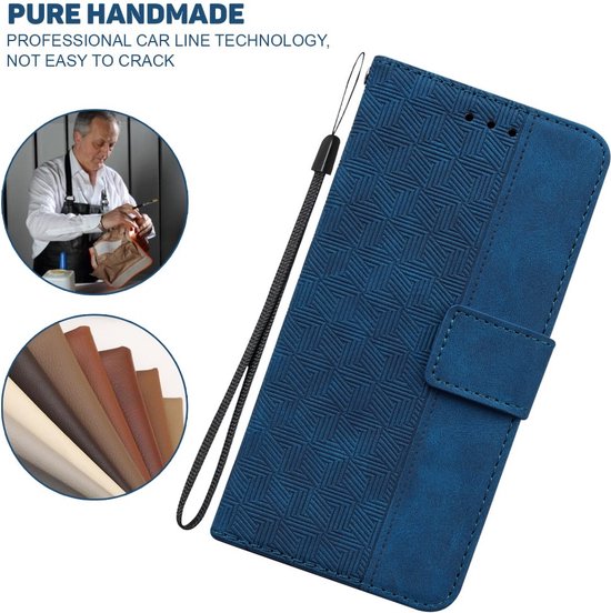 Blauw telefoonhoesje met geometrisch patroon, polsbandje en weergave van leermonsters.