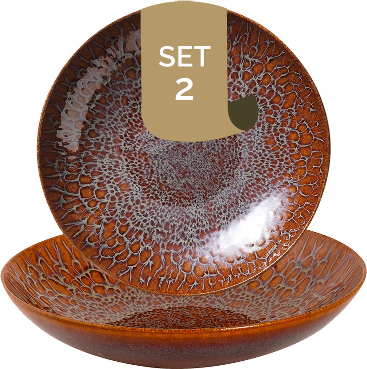 Palmer - Magmatic - Bord diep - Pastabord - 2 stuks - ø 22 cm - Bruin - Stoneware - Bordenset