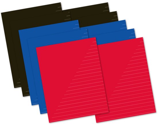 Stapel rode en blauwe schriften, met zwarte schriften op de achtergrond.