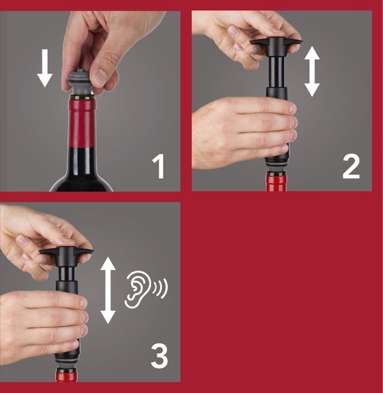 Instructies in drie stappen: 1. Dop op fles plaatsen. 2. Pomp omhoog en omlaag bewegen. 3. Pomp blijven gebruiken tot het klikt.