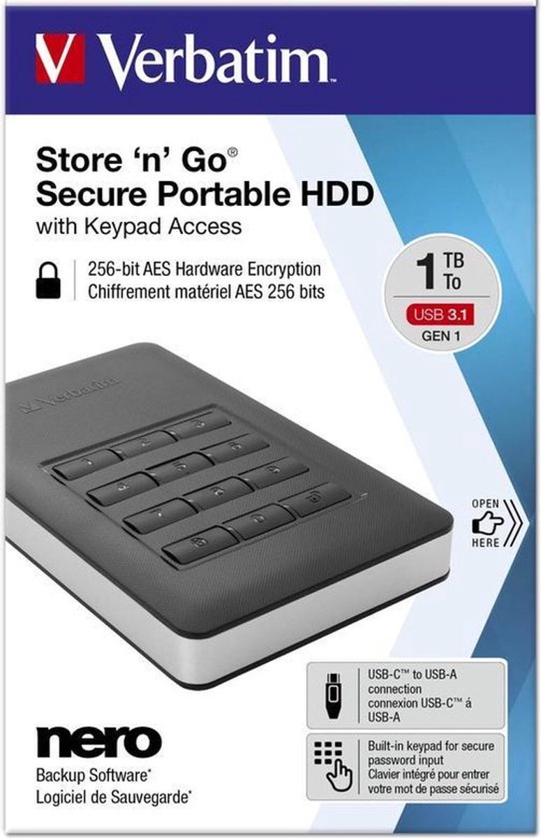 Verbatim - Verbatim Store-N-Go Externe Harde Schijf met Toetsenbord 1TB Zwart/Zilver - 30 Dagen Niet Goed Geld Terug