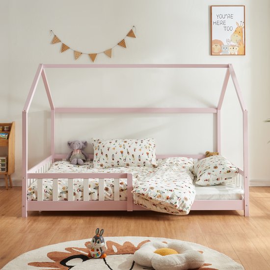 Juskys Kinderbed Marli 90 x 200 cm met valbeveiliging, lattenbodem en dak - massief houten huisbed voor kinderen - bed in natuur