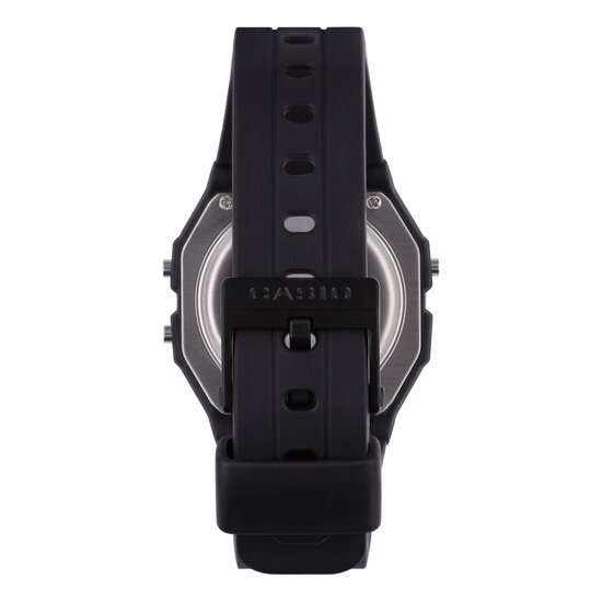 Boucle et bracelet d'une montre numérique Casio F-91W noire, vue de dos.