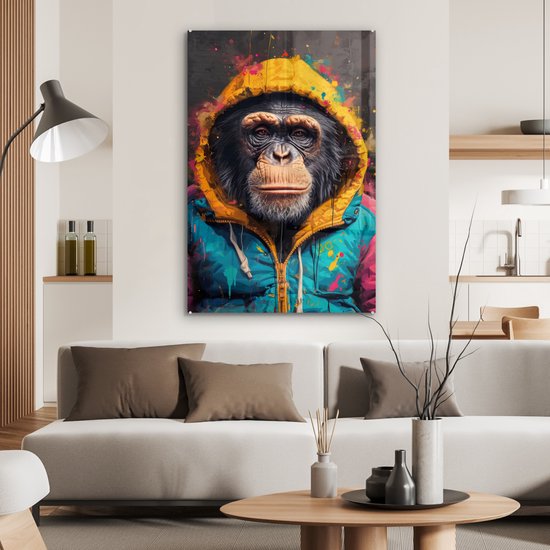 MuchoWow® Peinture sur verre 80x120 cm - Peinture sur verre acrylique - Graffiti - Chimpanzé - Manteau - Singe - Peinture - Photo sur verre - Décoration murale salon - Décoration murale chambre - Peintures