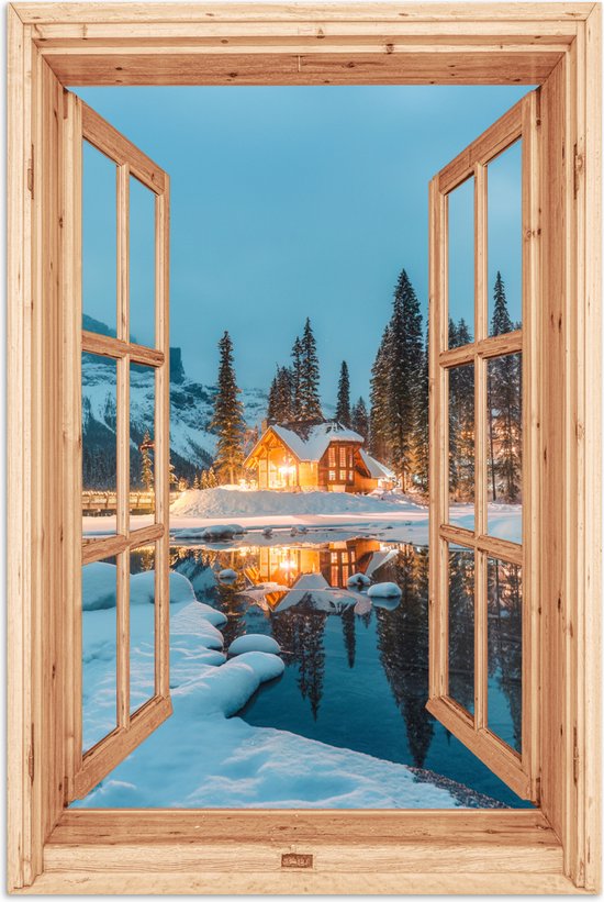 Poster 80x120 cm - Winterlandschap - Natuur - Huis - Bergen - Doorkijk - Raam - Posters - Kamer decoratie - Wanddecoratie woonkamer - Muurdecoratie slaapkamer