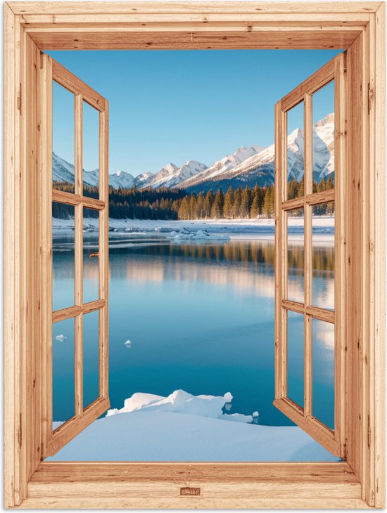 Poster 90x120 cm - Doorkijk - Landschap - Winter - Meer - Bergen - Uitzicht - Posters - Kamer decoratie - Wanddecoratie woonkamer - Muurdecoratie slaapkamer