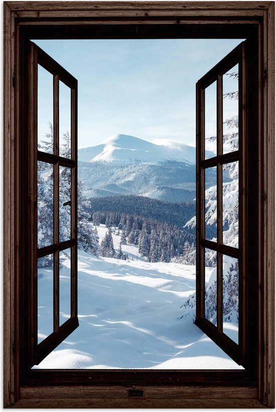 Poster 80x120 cm - Winter - Landschap - Natuur - Berg - Bomen - Doorkijk - Uitzicht - Posters - Kamer decoratie - Wanddecoratie woonkamer - Muurdecoratie slaapkamer