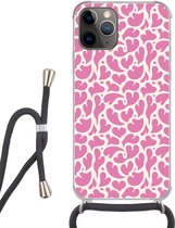 Coque de téléphone compatible avec iPhone 13 Pro Max - Hartjes - Imprimé - Rose - Wit - Siliconen - Bandoulière - Coque arrière avec cordon - Coque de téléphone avec cordon - Coque avec corde Coque de téléphone