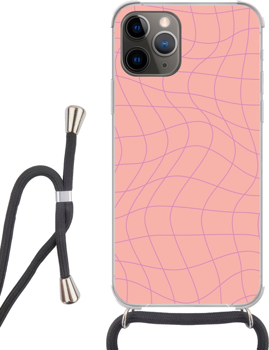 Telefoonhoesje Geschikt voor iPhone 13 Pro Max - Hokjes patroon - Roze - Paars - Golvende lijnen - Siliconen - Crossbody - Backcover met Koord - Telefoonhoesje met koord - Hoesje met touw Telefoonhoesje