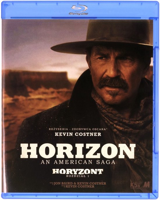 Blu-ray hoes "Horizon: An American Saga" met een close-up van Kevin Costner met een hoed en snor.