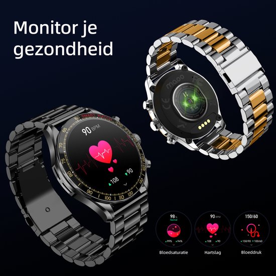 Maoo Titan AMOLED Smartwatch Heren - Special Edition - Stainless Steel en 2 TPU bandjes - Stappenteller - Hartslagmeter - Slaapmonitor - Multisport - Geschikt voor Android en iOS - Zilver en Goud