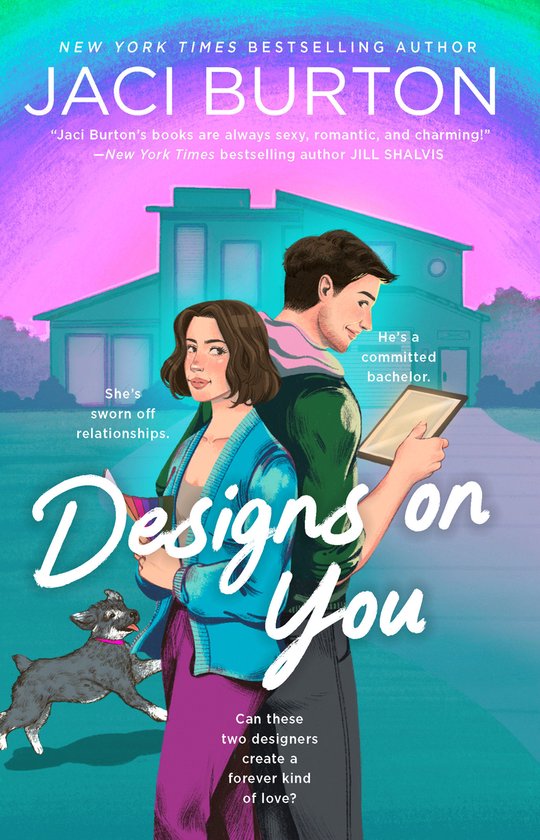 Boekhoes met een vrouw en man die elkaar aankijken, met een hondje op de voorgrond. Tekst: "Designs on You".