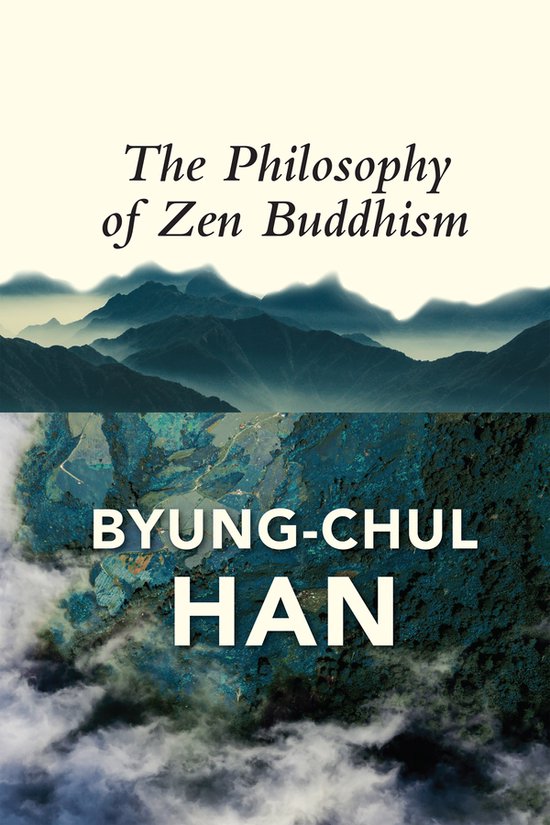 Boek "The Philosophy of Zen Buddhism" met een landschap van bergen en mist.