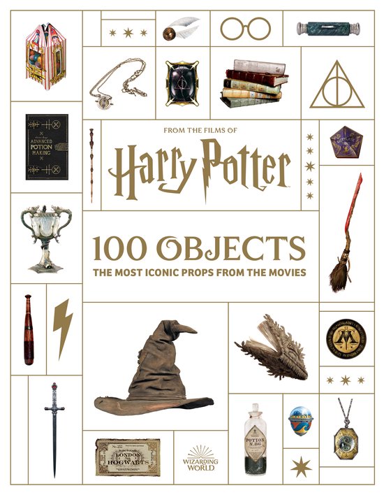 Boek met de titel 'From the Films of Harry Potter: 100 Objects'. De kaft toont een collage van iconische Harry Potter-objecten.