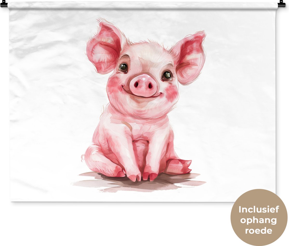 Wandkleed 120x90 cm - Wanddoek Varken - Roze - Baby dier - Boerderij dieren - Wandtapijt - Wandkleden