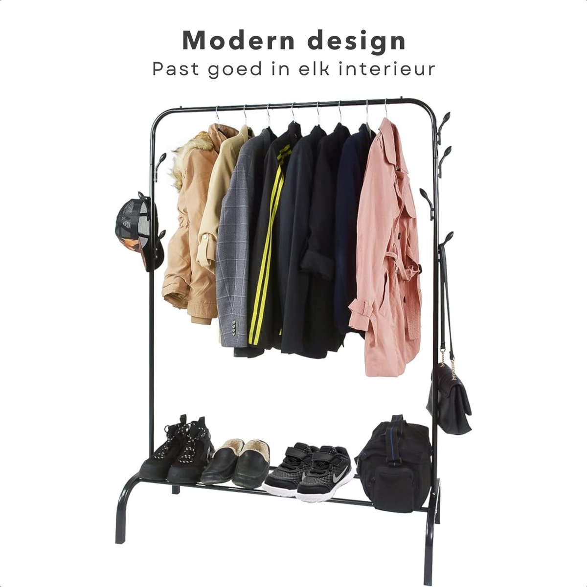 Garderoberek met Kapstok en Schoenenrek - Metalen Kledingrek - 110x40x150 cm - Zwart - Met Haken - Opbergruimte voor Schoenen - Inclusief EBOOK – foto 6
