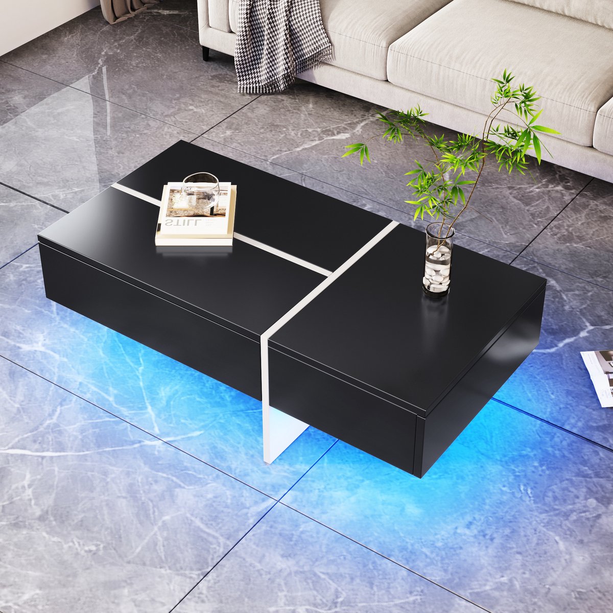Gutent Hoogglans Salontafel, Zwart, Sspaanplaatmateriaal, Opbergruimte met laden, 100*50*34,5 cm, met toepassingsgestuurd LED-verlichtingssysteem