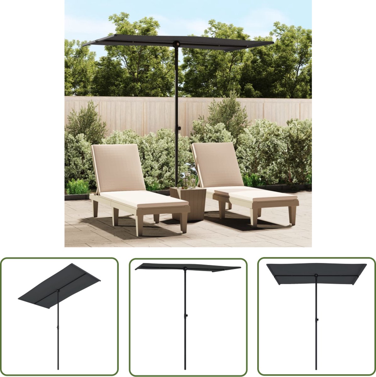 Black 180x110 cm parasol with aluminum pole from The Living Store, ideal for outdoor sun protection and garden decor.