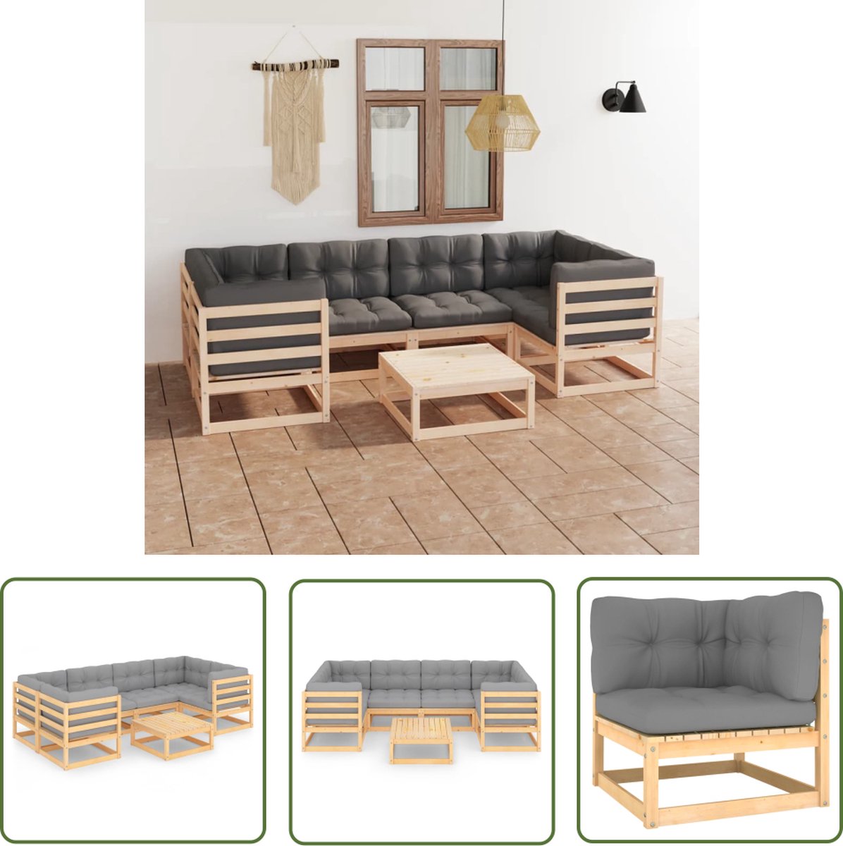 The Living Store 7-delige Loungeset met kussens massief grenenhout - Loungeset - Tuinset - Houten Lounge - Grenenhout - Loungemateriaal