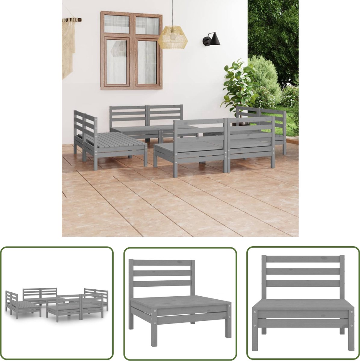 The Living Store 8-delige Loungeset massief grenenhout grijs - Loungeset - Tuinmeubel - Lounge Set - Houten Loungestoel - Outdoor Furniture