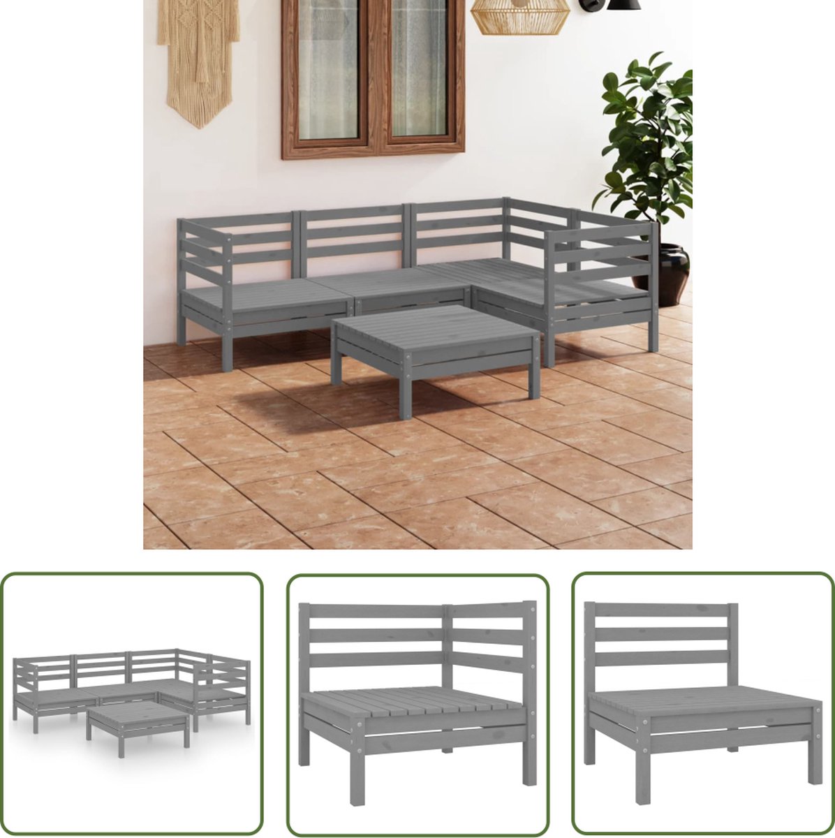 The Living Store 5-delige Loungeset massief grenenhout grijs - Tuinmeubels - Lounge Set - Palletstijl - Hout - Grijze Buitenkamer