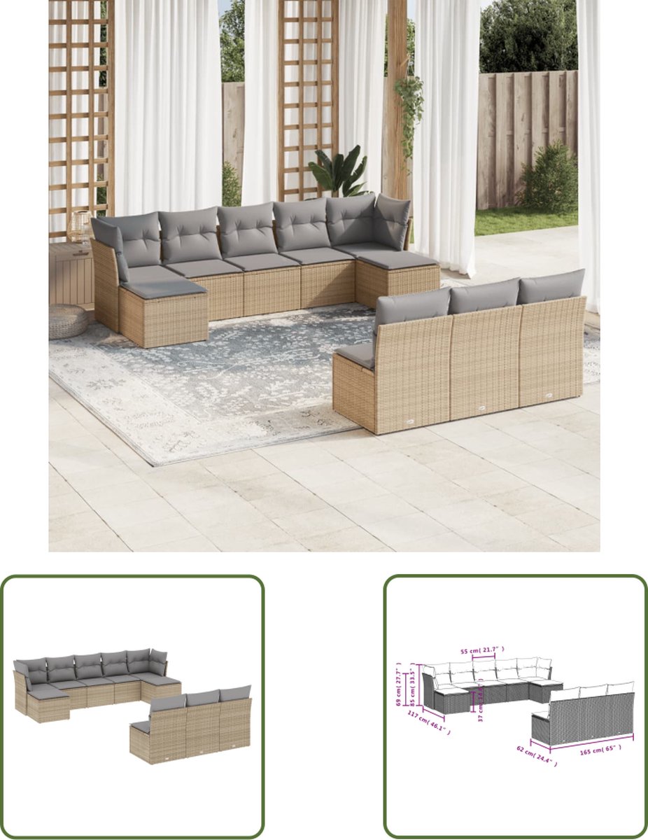 Tuinloungeset met beige kussens van poly rattan - The Living Store.