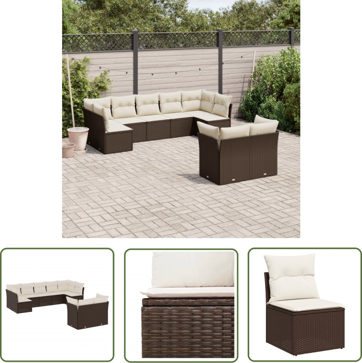 The Living Store 9-delige Loungeset met kussens poly rattan bruin - Loungebank - Tuinset - Lounge Set - Buitendecoratie - Garden Furniture