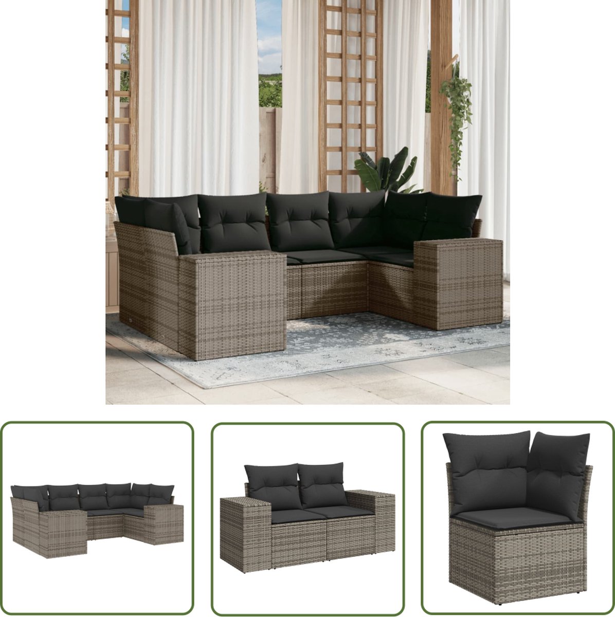 The Living Store 6-delige Loungeset met kussens poly rattan grijs - Loungeset - Tuinset - Lounge Set - Buitendecoratie - Tuinmeubels