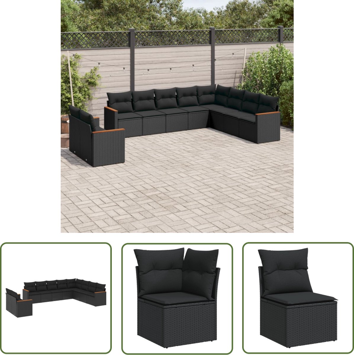 The Living Store 10-delige Loungeset met kussens poly rattan zwart - Loungeset - Tuinset - Lounge - Outdoor Furniture - Tuinmeubels
