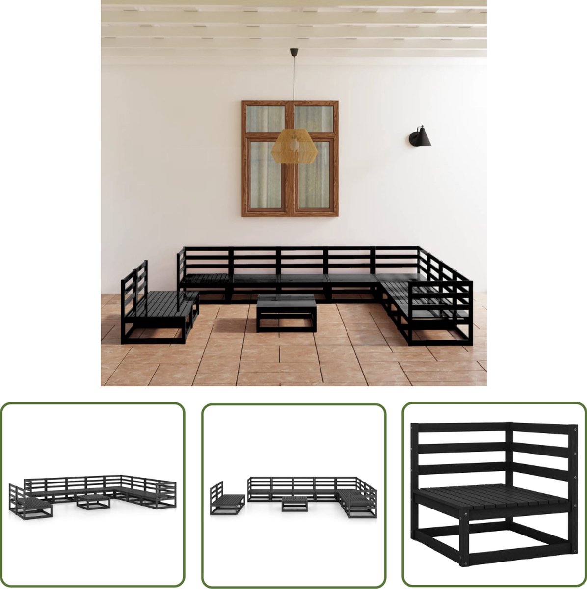 The Living Store 11-delige Loungeset massief grenenhout zwart - Tuinmeubel - Lounge Set - Houten Bank - Grenenhouten Meubel - Buitendecor