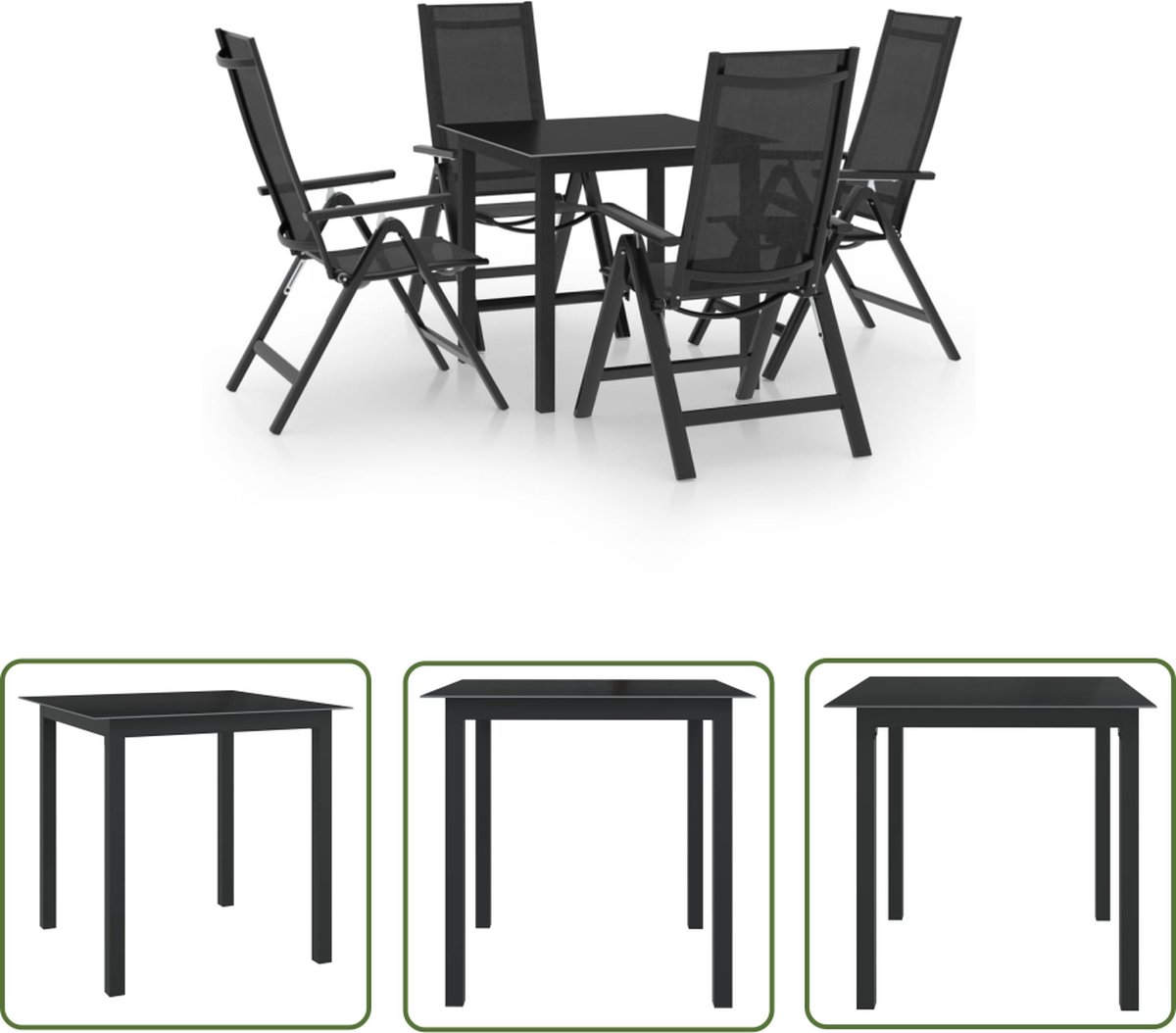 Aluminium antracietkleurige tuinset met tuinstoel, eetkamerset, buitentafel en lounge set.
