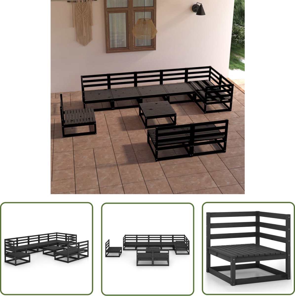 Tuinset van massief zwart grenenhout met 10 delen - The Living Store.