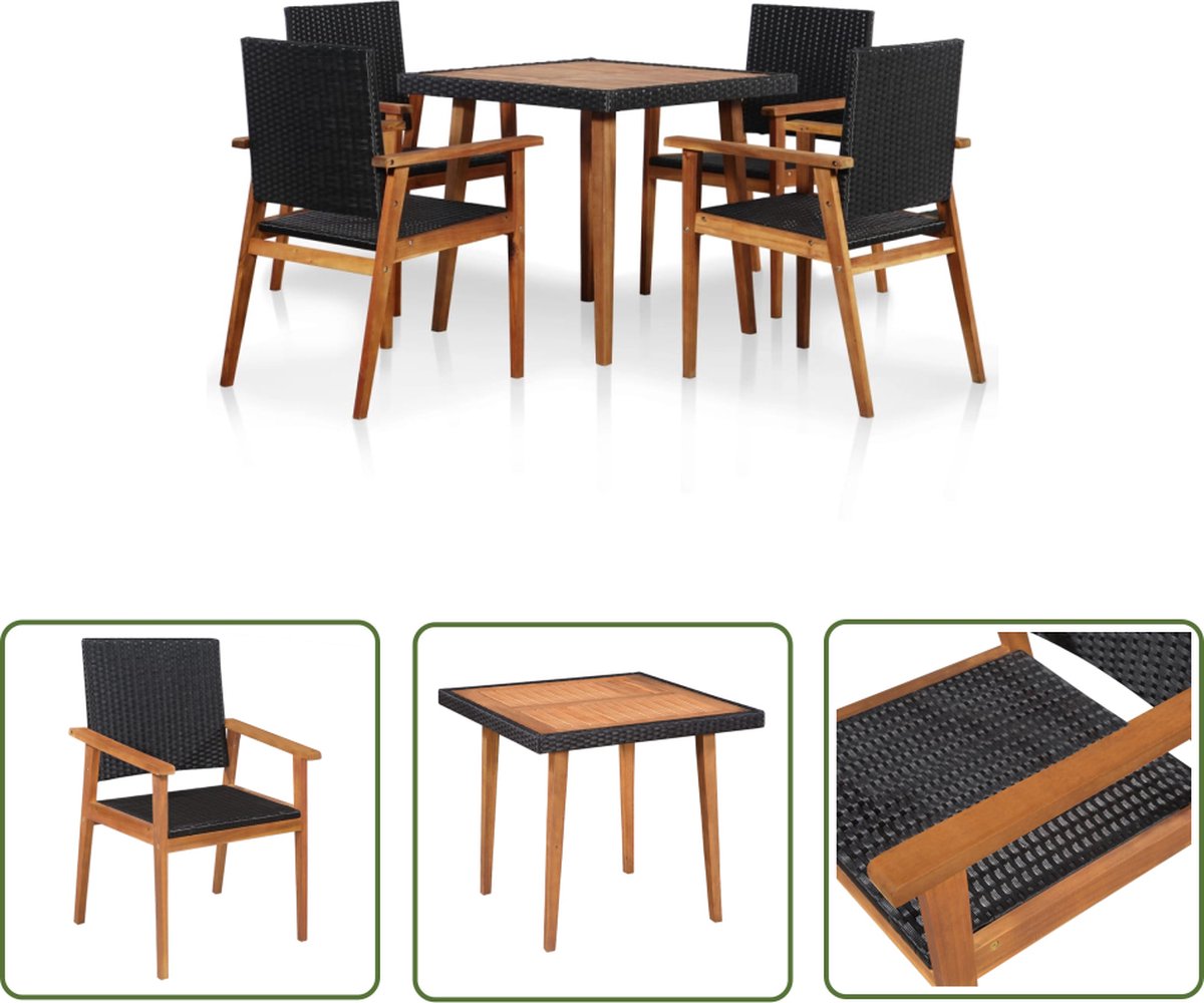 5-delige poly rattan tuinset in zwart en bruin met vintage uitstraling.
