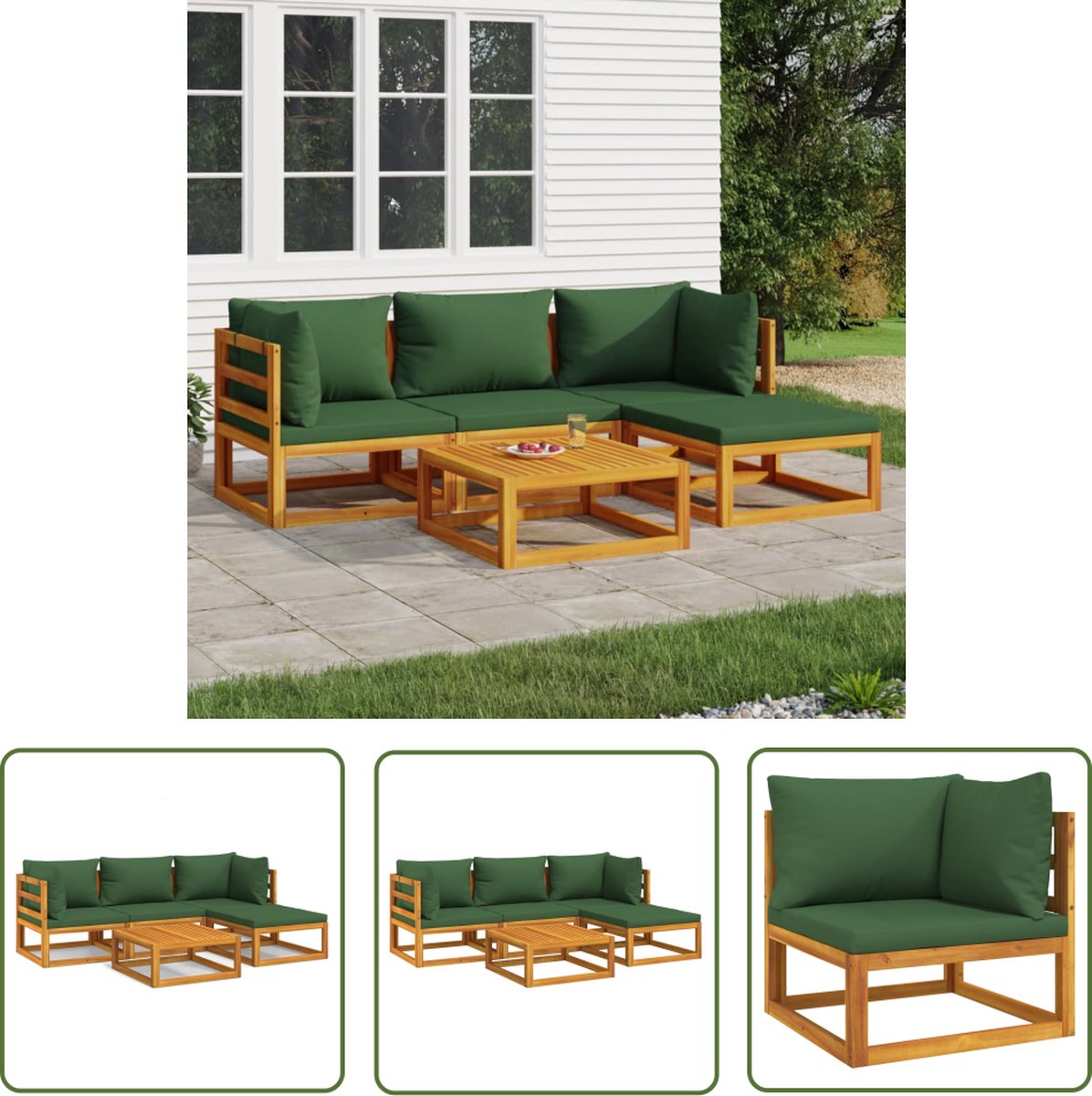 The Living Store 5-delige Loungeset met groene kussens massief hout - Tuinsets - Lounge Sets - Acacia Hout - Buitendecoratie - Outdoor Furniture