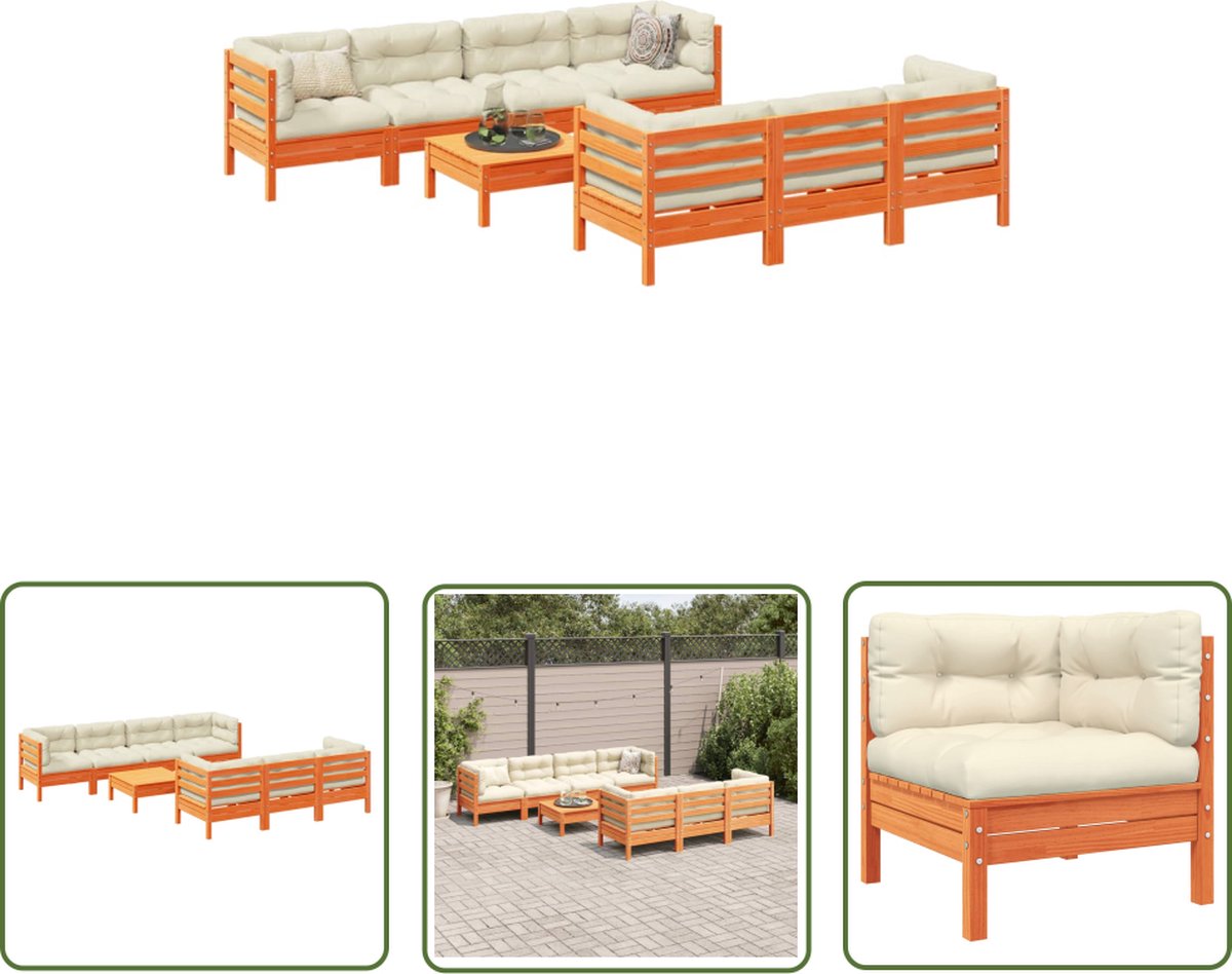 The Living Store 8-delige Loungeset met kussens massief grenenhout wasbruin - Loungeset - Tuinset - Houten Lounge - Tuinmeubels - Buis Meubel