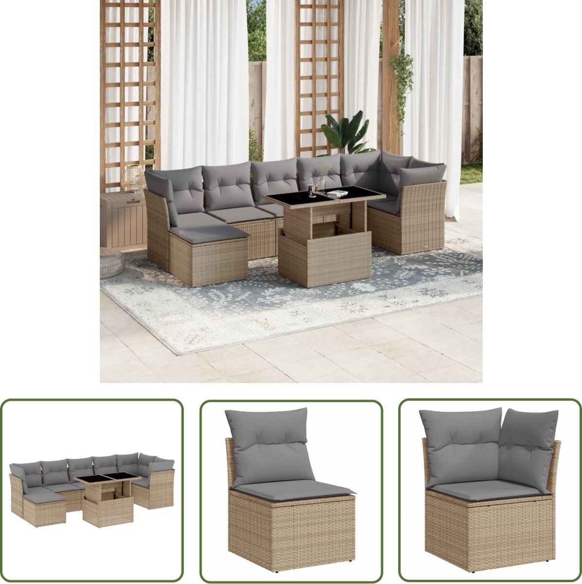 The Living Store 8-delige Loungeset met kussens poly rattan beige - Loungebank - Lounge Set - Buitendecoratie - Tuinmeubels - Loungestoel