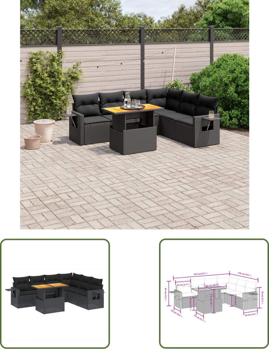 Zwarte poly rattan loungeset met kussens voor buitendecoratie.