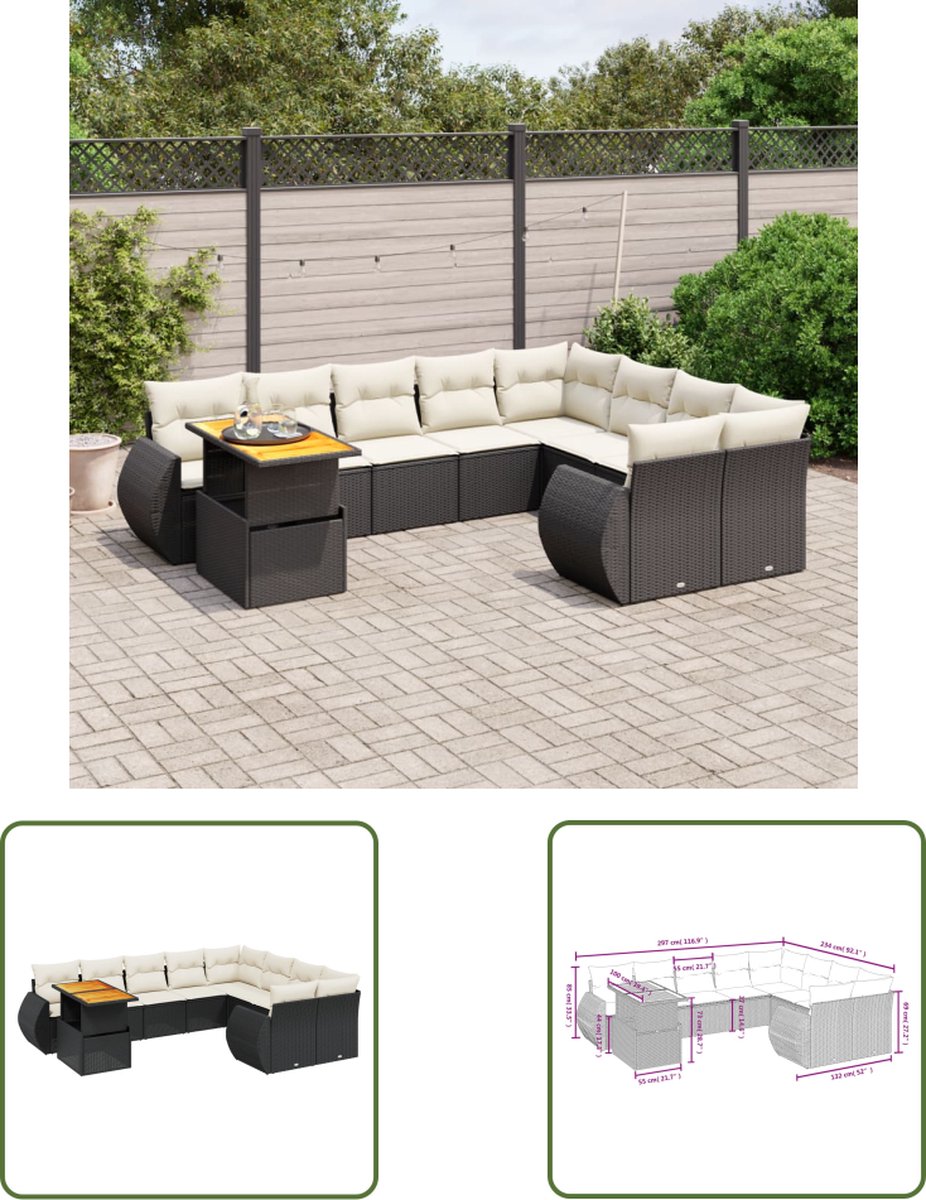 The Living Store 10-delige Loungeset met kussens poly rattan zwart - Loungebank - Tuinset - Lounge Set - Buitendiner - Tuinmeubels