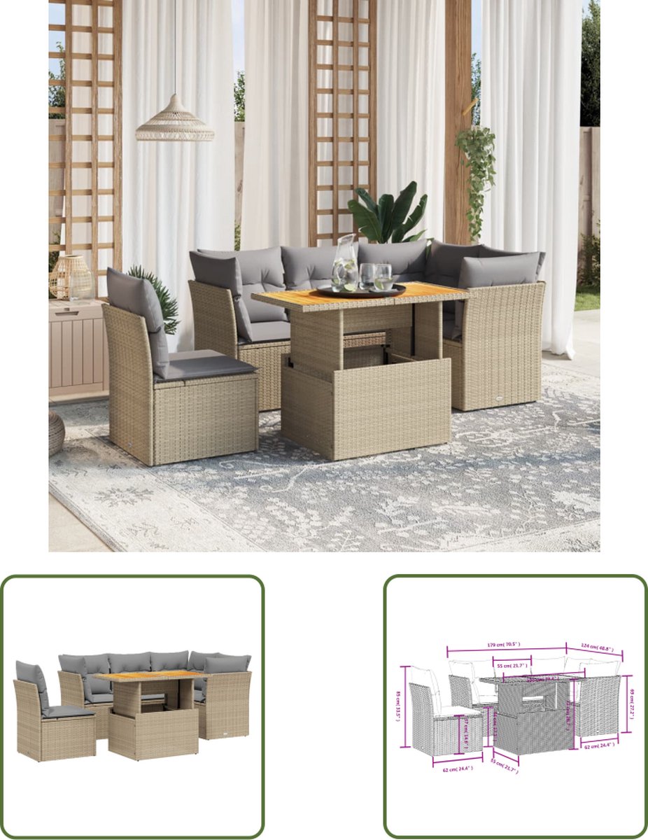 The Living Store 5-delige Loungeset met kussens poly rattan beige - Loungebank - Tuinset - Lounge Set - Buitendecoratie - Tuinmeubels