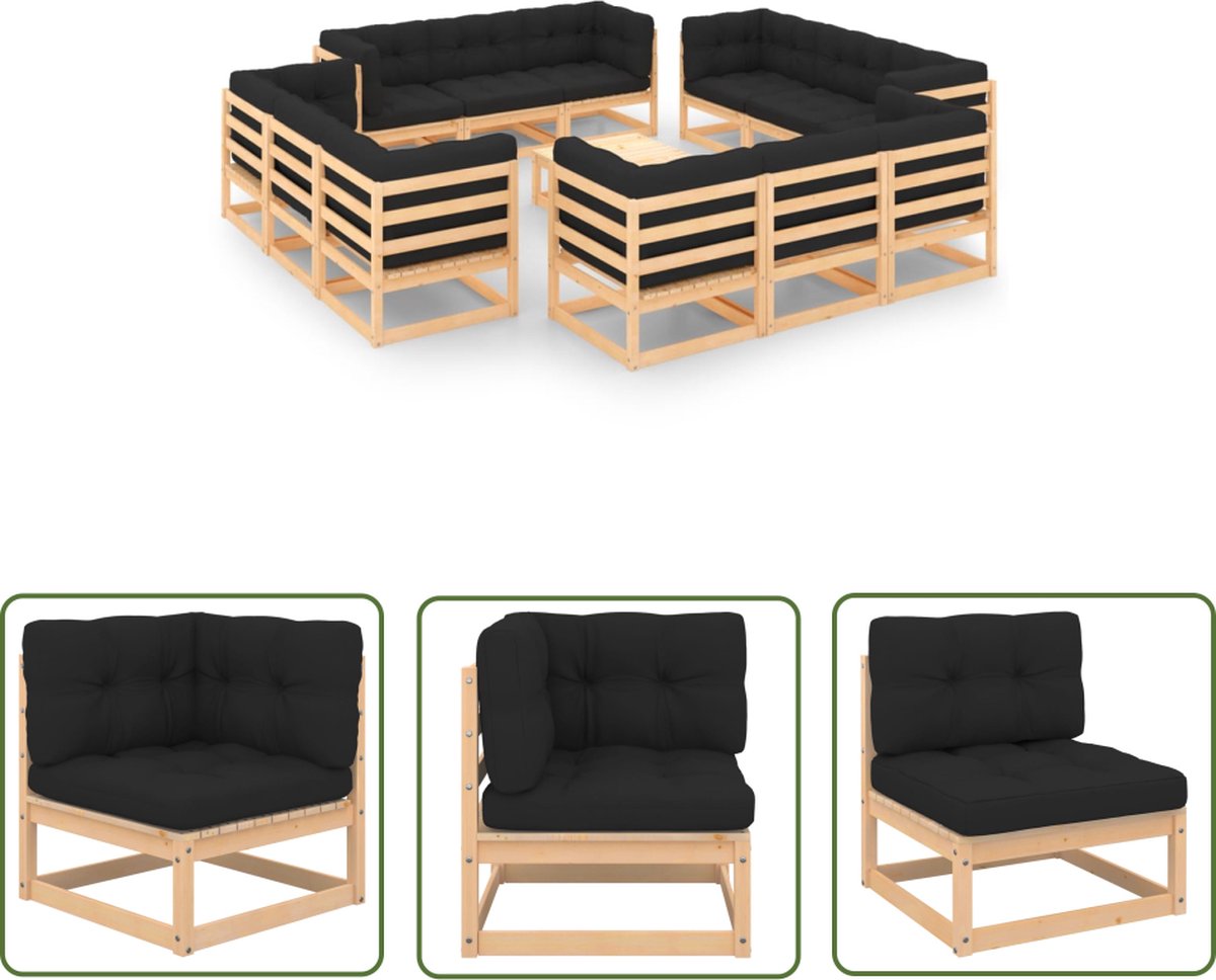 The Living Store 13-delige Loungeset met kussens massief grenenhout - Tuinstoel - Lounge Set - Houten Tuinmeubilair - Buitendecoratie - Loungestoel