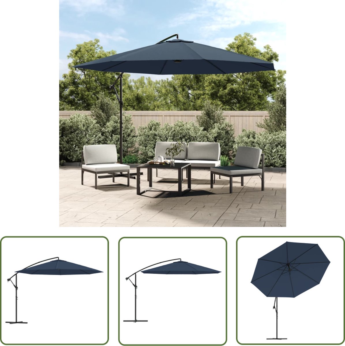 Zweefparasol 3,5 m blauw met The Living Store logo - Tuinzitset parasol voor zonscherm en balkondecoratie.
