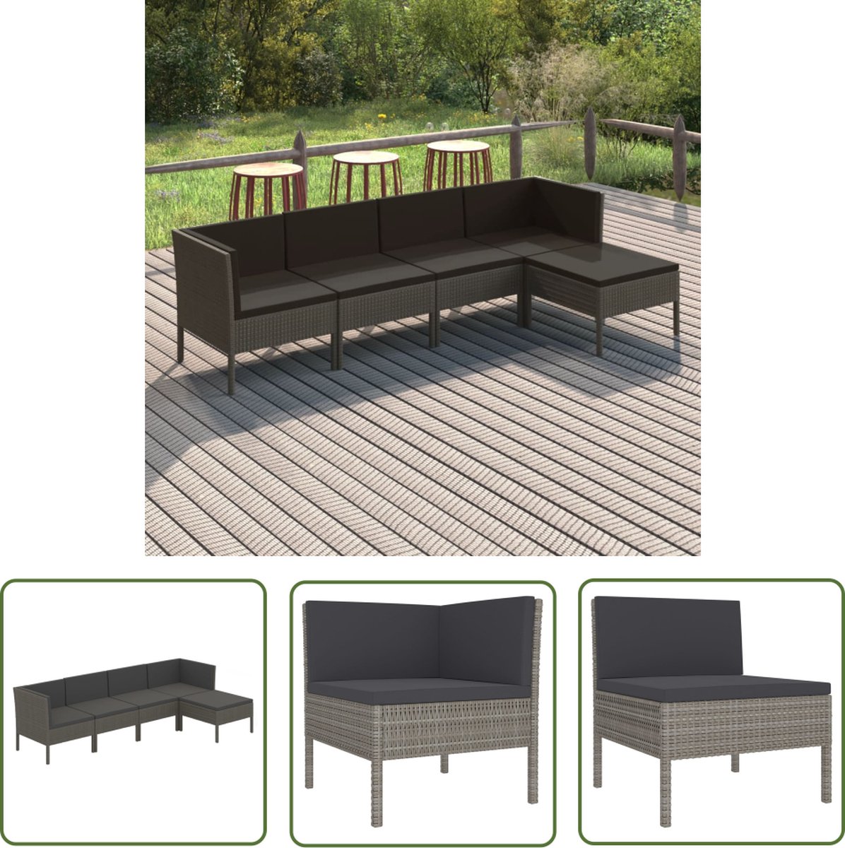 The Living Store 5-delige Loungeset met kussens poly rattan grijs - Loungestoel - Tuinset - Loungegroep - Buitendining - Garden Furniture
