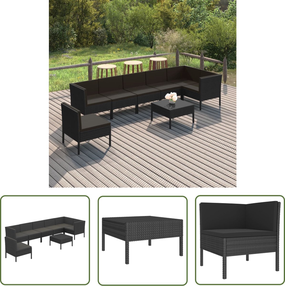 The Living Store 8-delige Loungeset met kussens poly rattan zwart - Loungeset - Tuinset - Buitendiner - Loungestoel - Garden Furniture