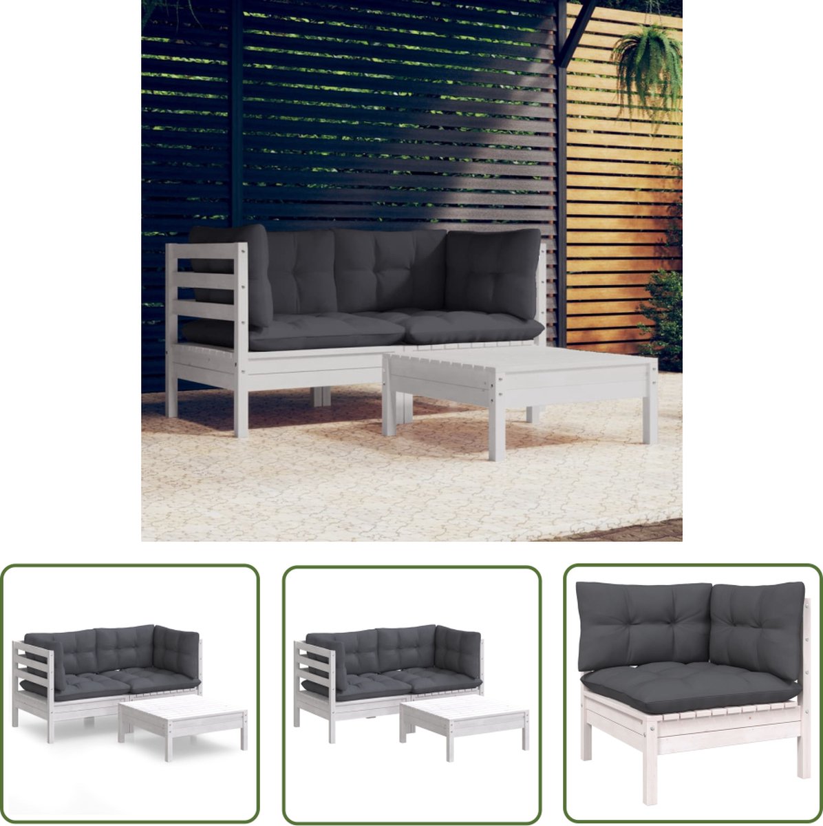 The Living Store 3-delige Loungeset met antracietkleurige kussens grenenhout - Loungeset - Tuinstoel - Buis Stoel - Lounge Bank - Houten Loungestoel