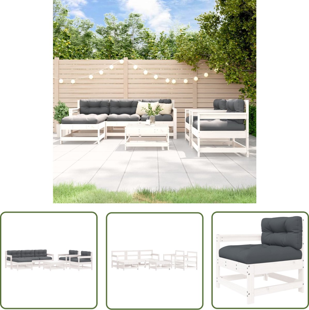 The Living Store 7-delige Loungeset met kussens massief hout wit - Loungeset - Tuinset - Hout - Grenenhout - Lounge