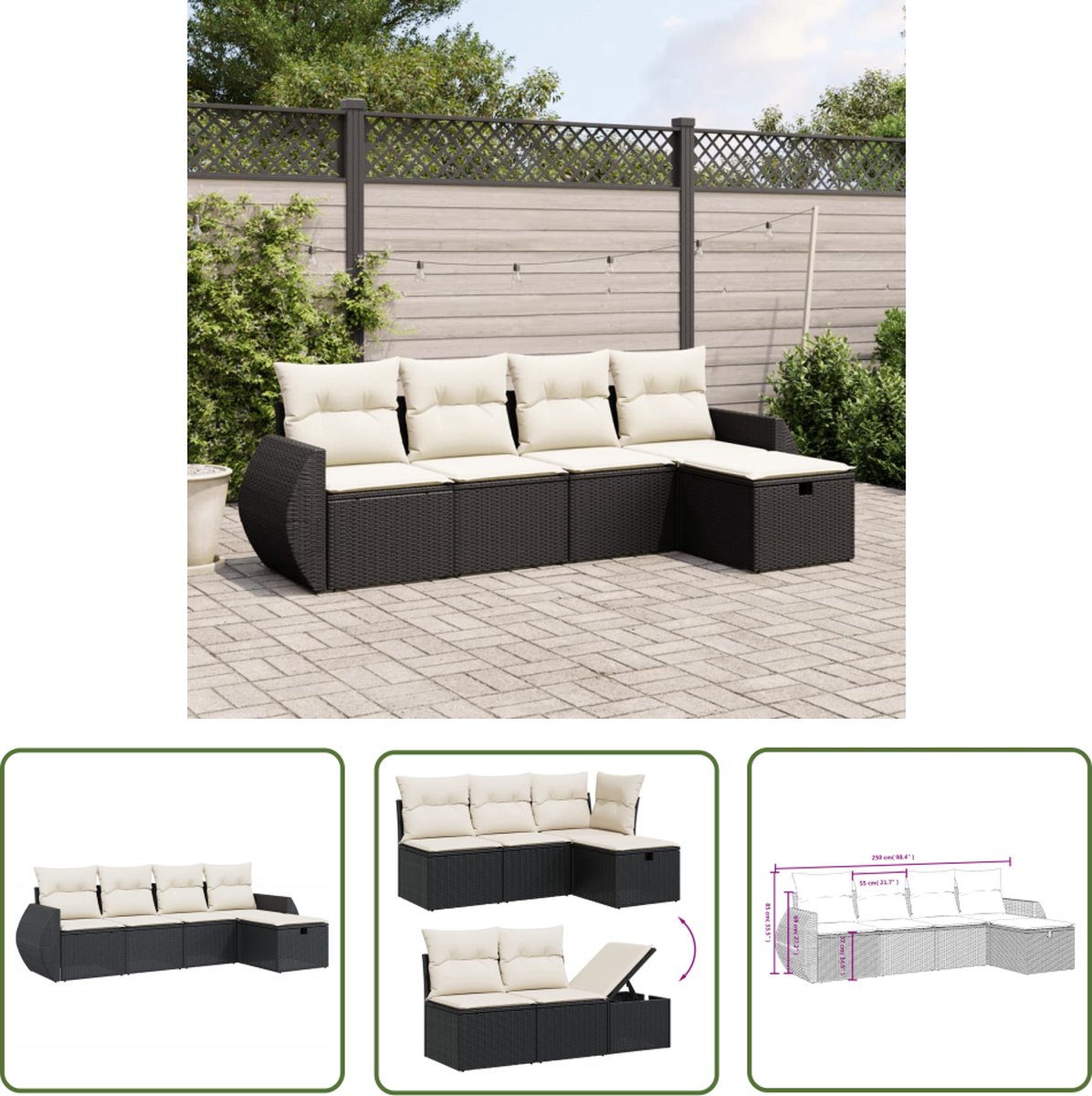 The Living Store 5-delige Loungeset met kussens poly rattan zwart - Loungeset - Tuinset - Tuinmeubels - Lounge Set - Outdoor Furniture