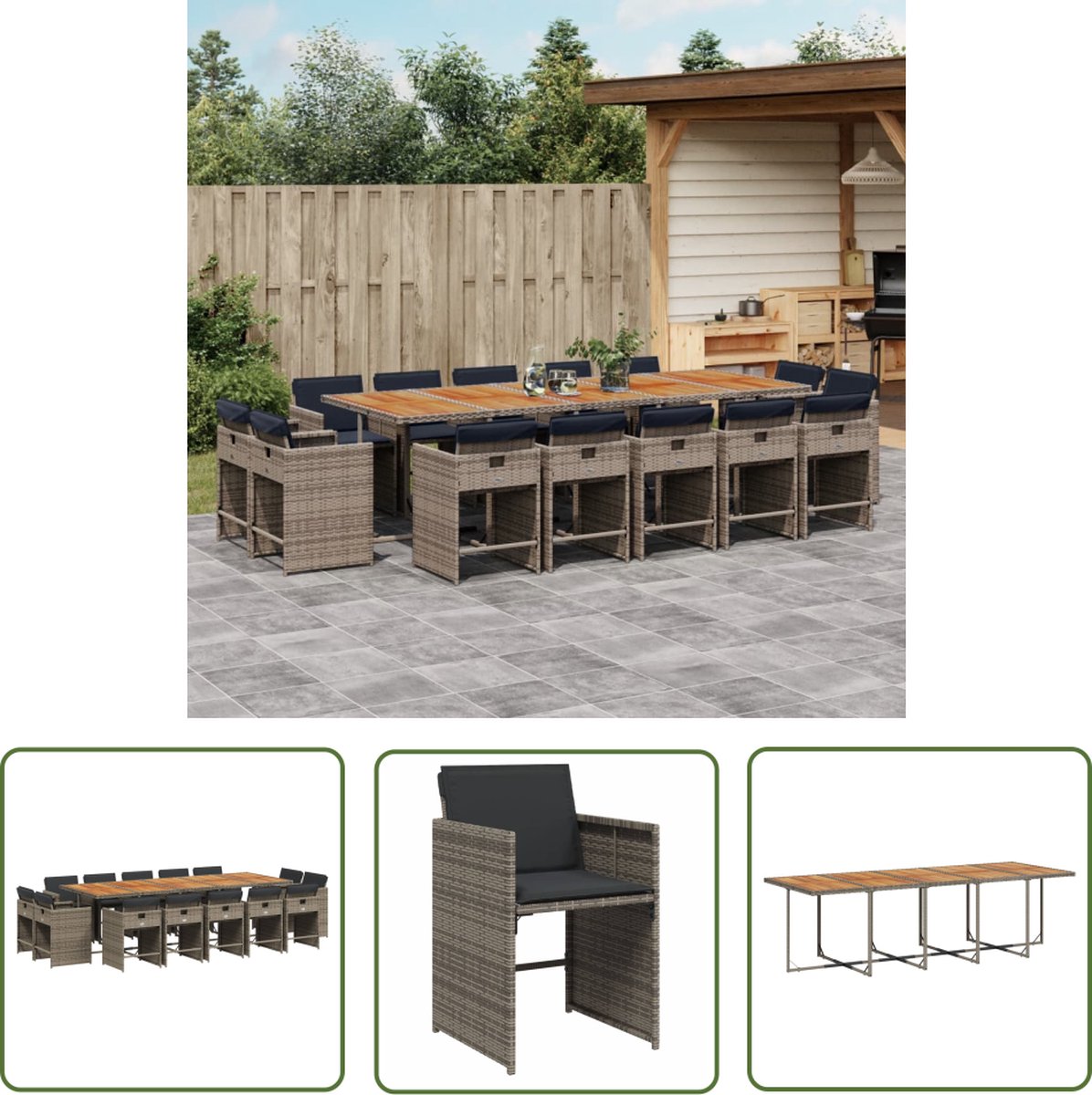 Grijze poly rattan tuinset met kussens en eetkamerstoelen - The Living Store.