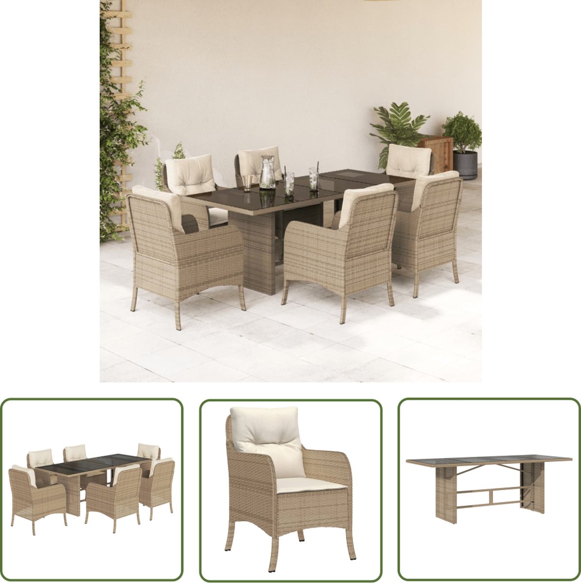 The Living Store 7-delige Tuinset met kussens poly rattan beige - Tuinset - Buitenshuis Dineren - Lounge Set - Patio Furniture - Garden Dining Set