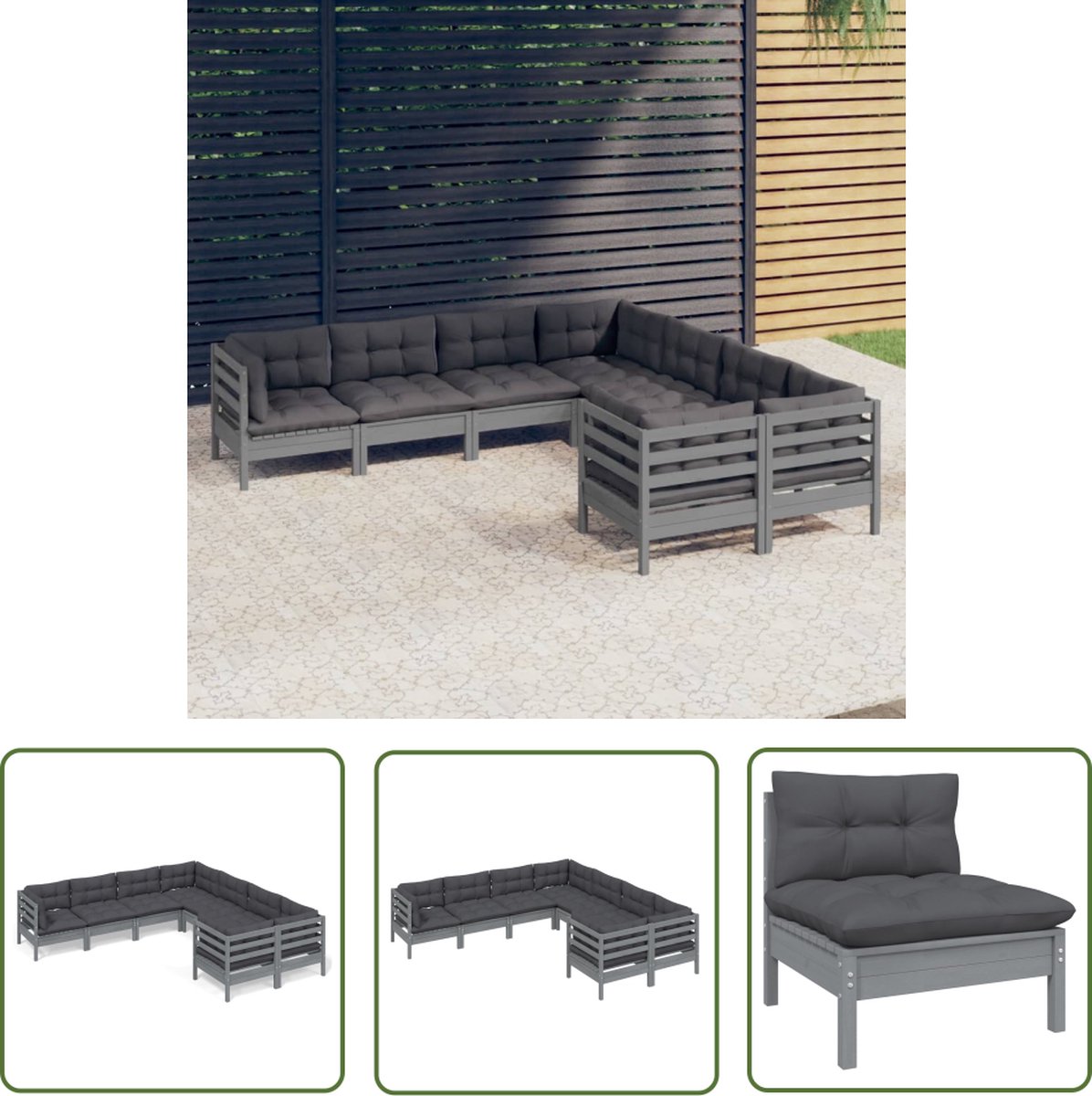 The Living Store 8-delige Loungeset met kussens massief grenenhout grijs - Loungeset - Tuinset - Houten Lounge - Grenenhouten Bank - Buitendiner