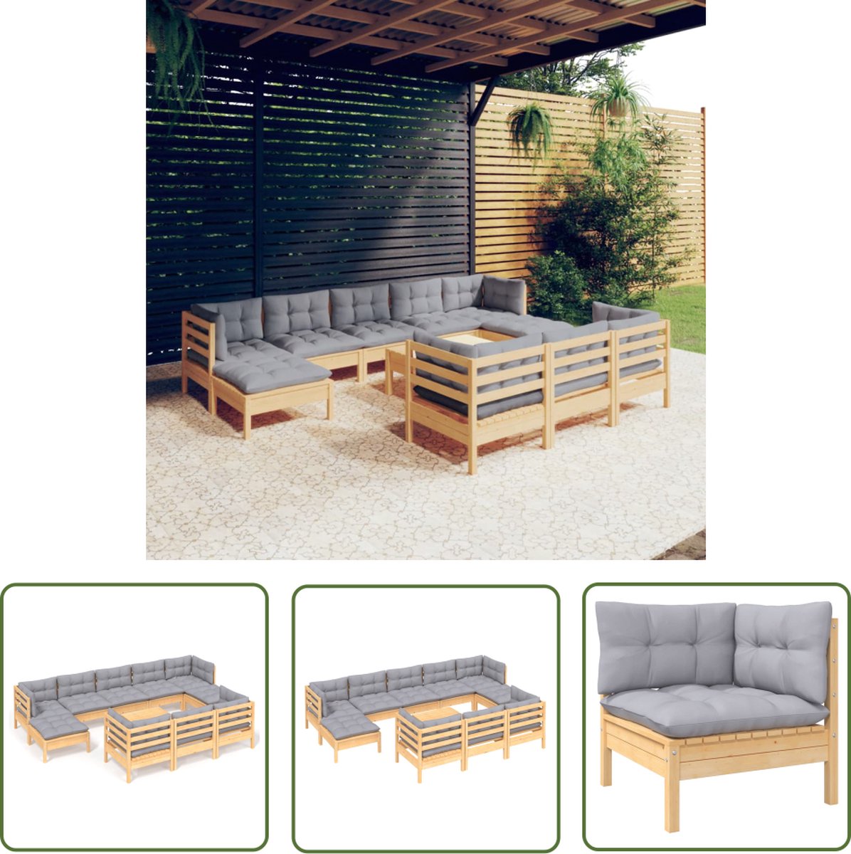 The Living Store 11-delige Loungeset met grijze kussens massief grenenhout - Loungeset - Tuinlounge - Lounge Set - Houten Loungestoel - Buitendecoratie